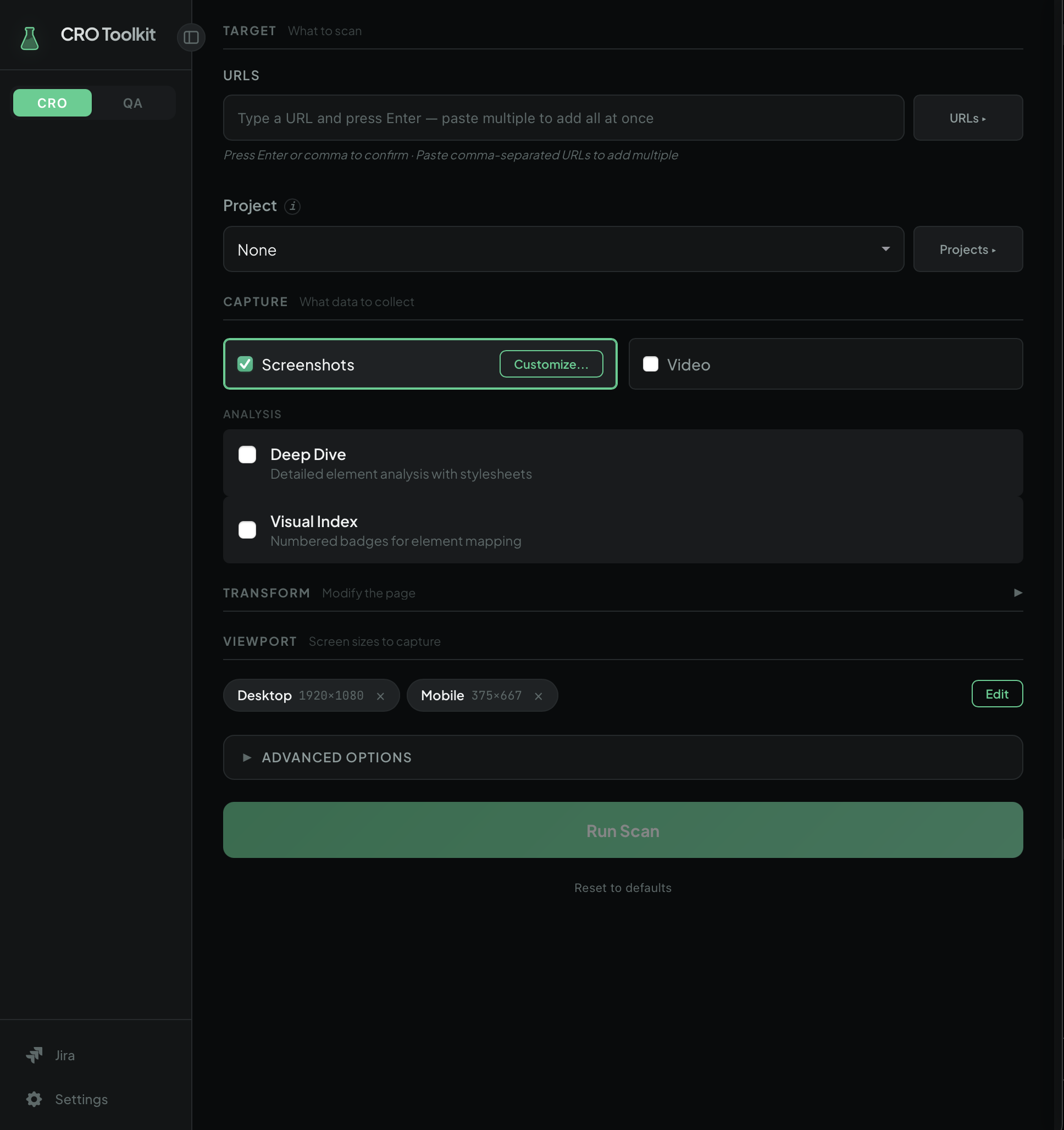 CRO Toolkit interface